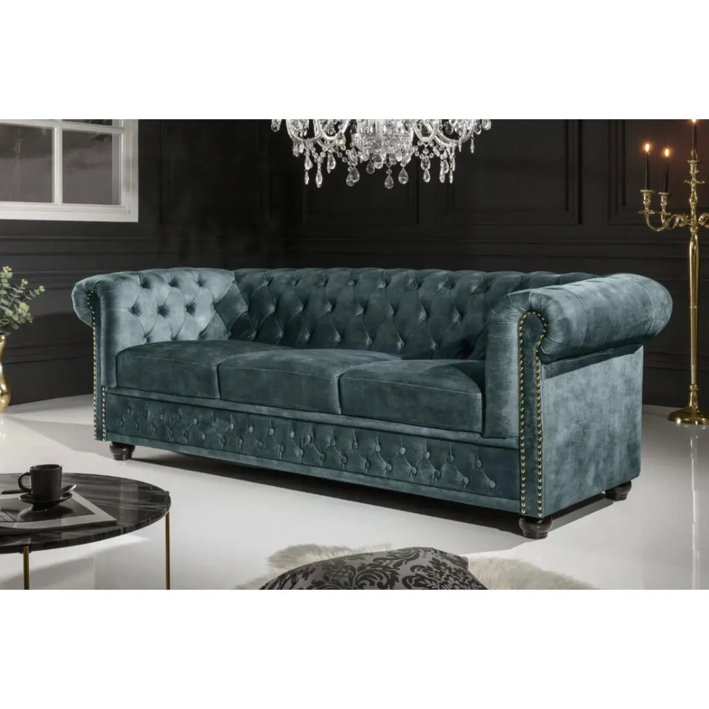 Divano diritto EDGAR - Blu pavone - 3 posti - Velluto stile barocco