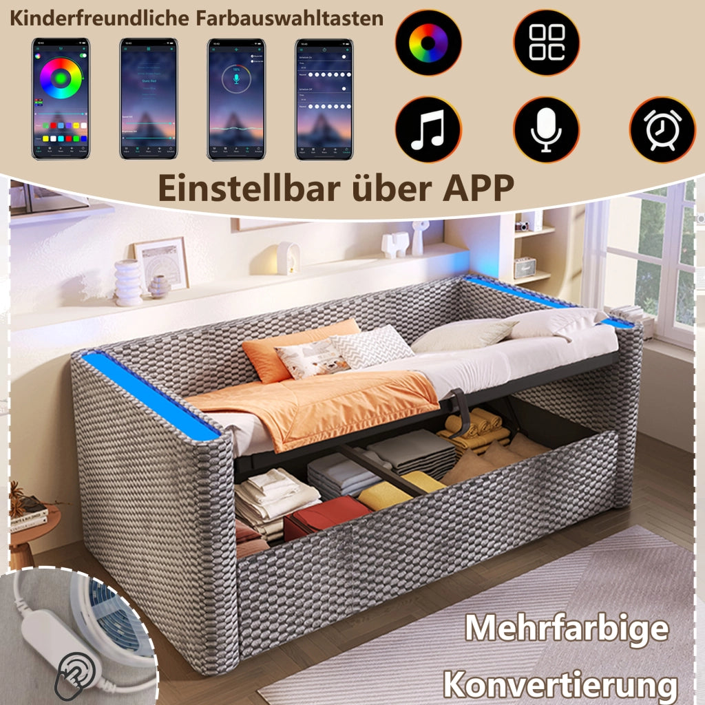 LETTO DAYBED 90x200 cm Velluto Grigio con LED e contenitore idraulico