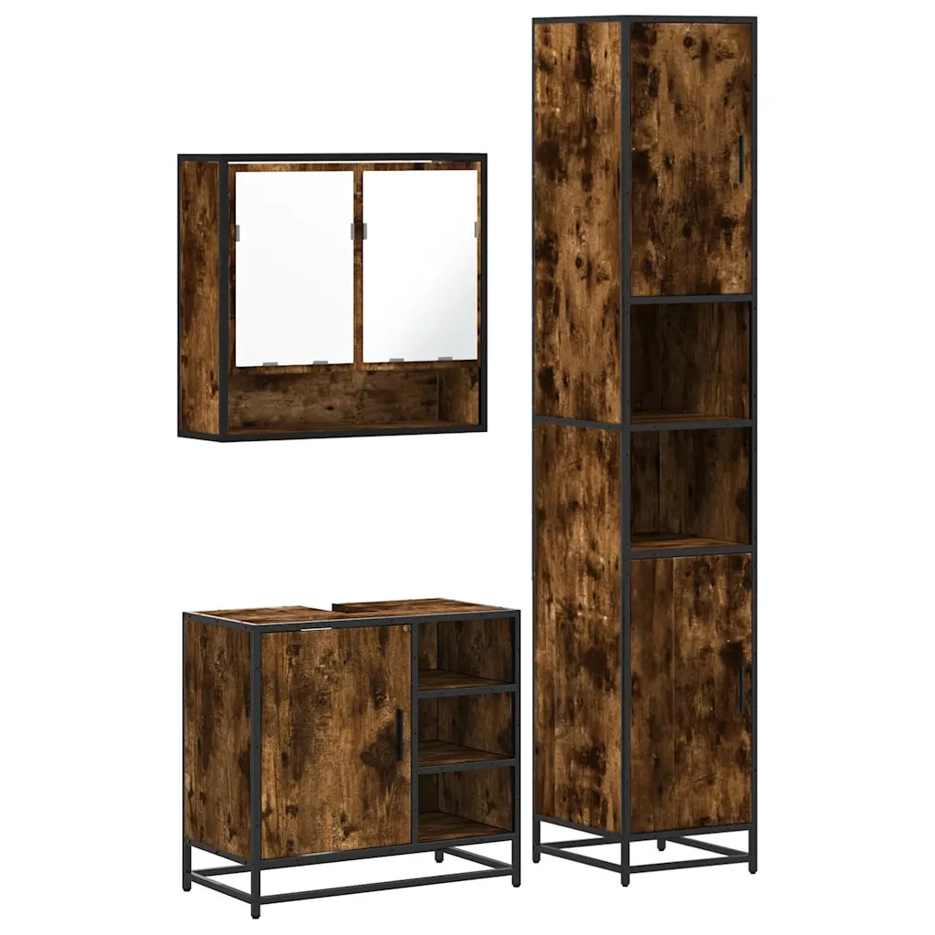 Set Mobili da Bagno | Armadio da bagno 3 pz Rovere Fumo in Legno Multistrato