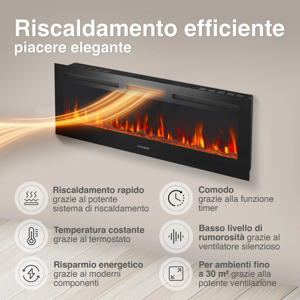 KAMINIO Camino elettrico MARLON - Camino elettrico 3 in 1 con riscaldatore, effetto fiamma 3D, 12 colori di fiamma, telecomando - 50 pollici