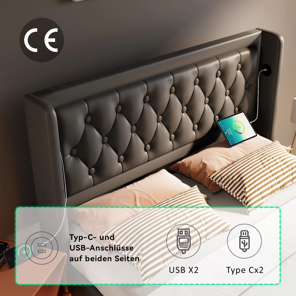 LETTO contenitore 160x200 cm in PU nero con USB Type-C e LED