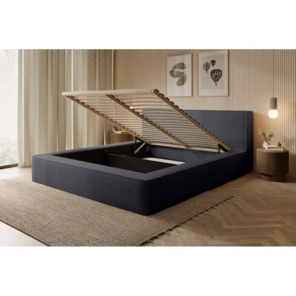 Letto contenitore VELORA – Antracite profondo bouclé – 180x200 cm – Tessuto velluto morbido – Rete sollevabile – Spazio di stoccaggio integrato