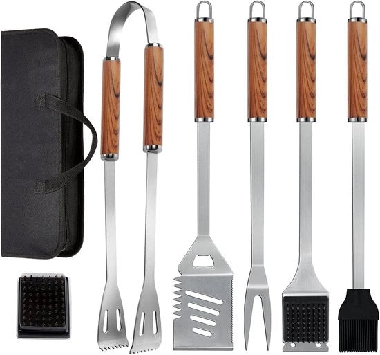 Set di accessori BBQ 7 in 1 con tas di stoccaggio per accessori in acciaio inox extra spesso