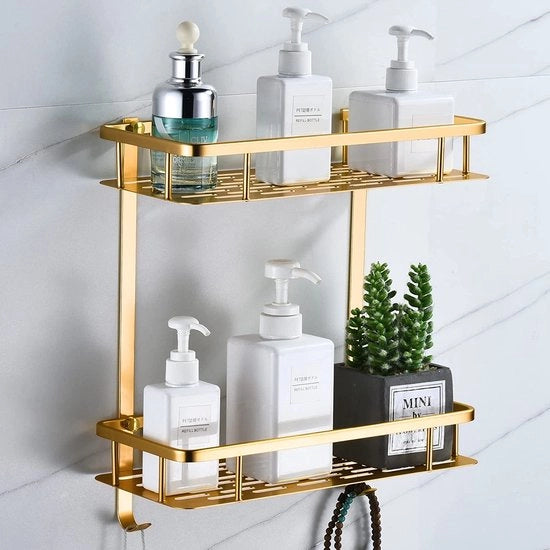Plank per doccia senza perforazione, piastra quadrata per doccia Piastra per la stanza da bagno per contenitore di shampoo e gel per la doccia Piastra per organizzare la parete della stanza da bagno con 2 ganci (doppia faccia, oro champagne)