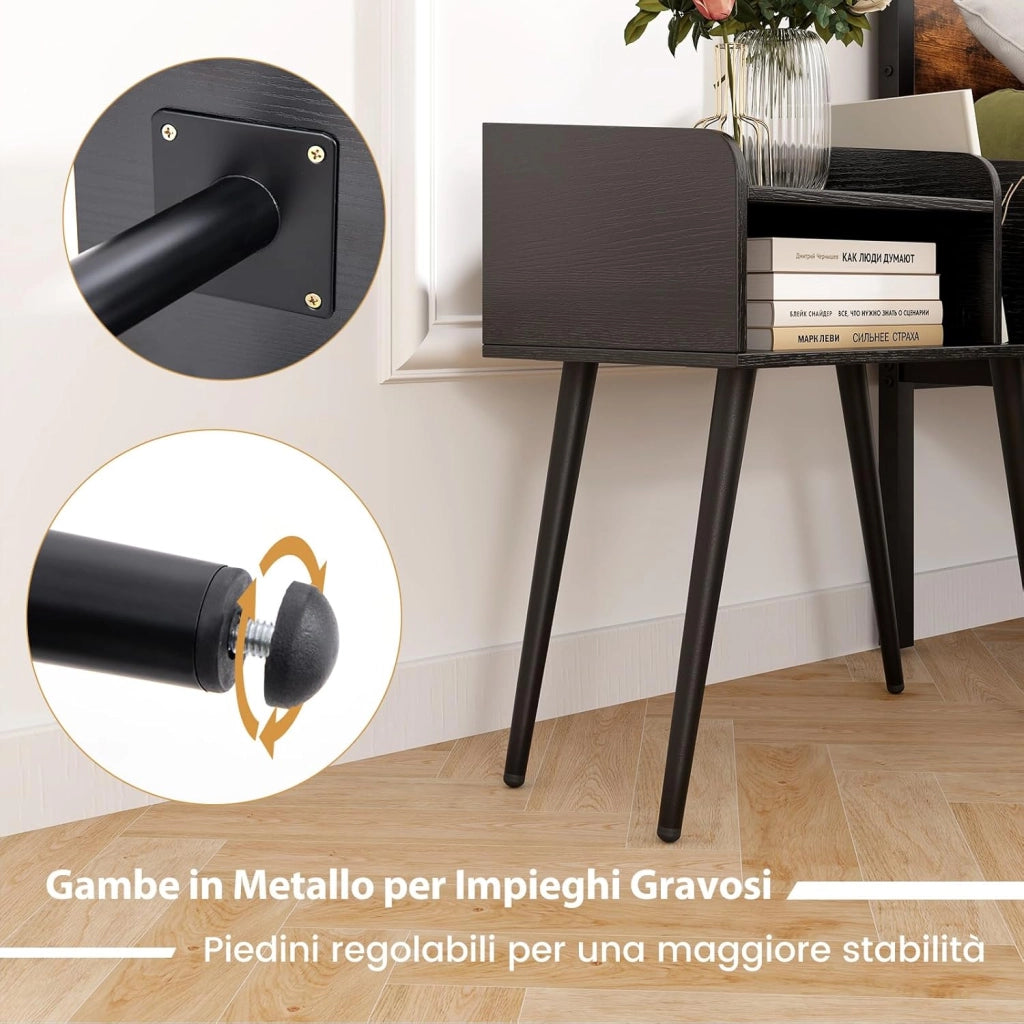Comodino 50 x 32 x 58cm, Tavolino Moderno con Mensole Aperte, Gambe in Metallo e Poggiapiedi Regolabili, Comò Ideale per Soggiorno e Camera da Letto (Nero,1)