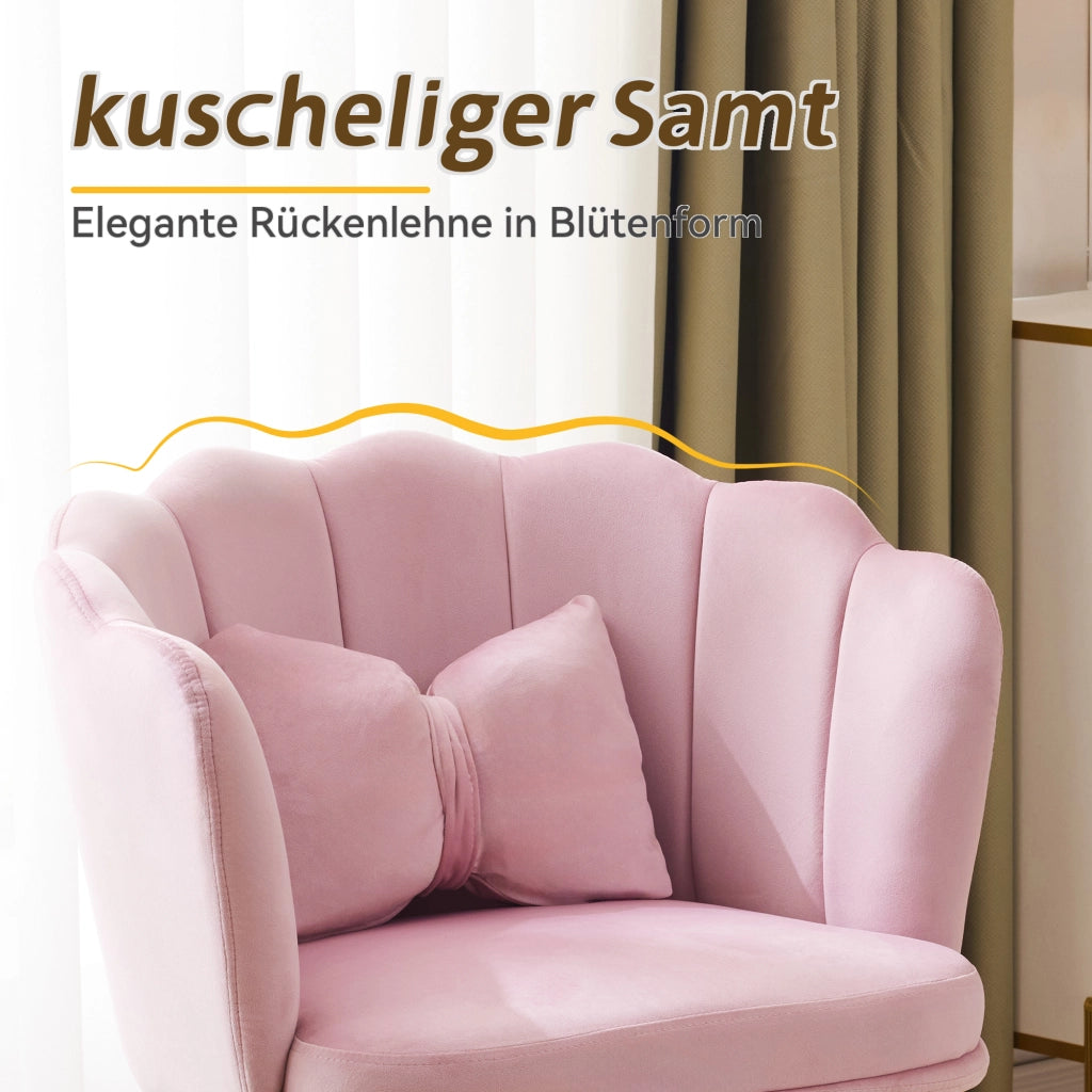 Poltrona con schienale a fiore, cuscino e gambe metalliche dorate in velluto rosa