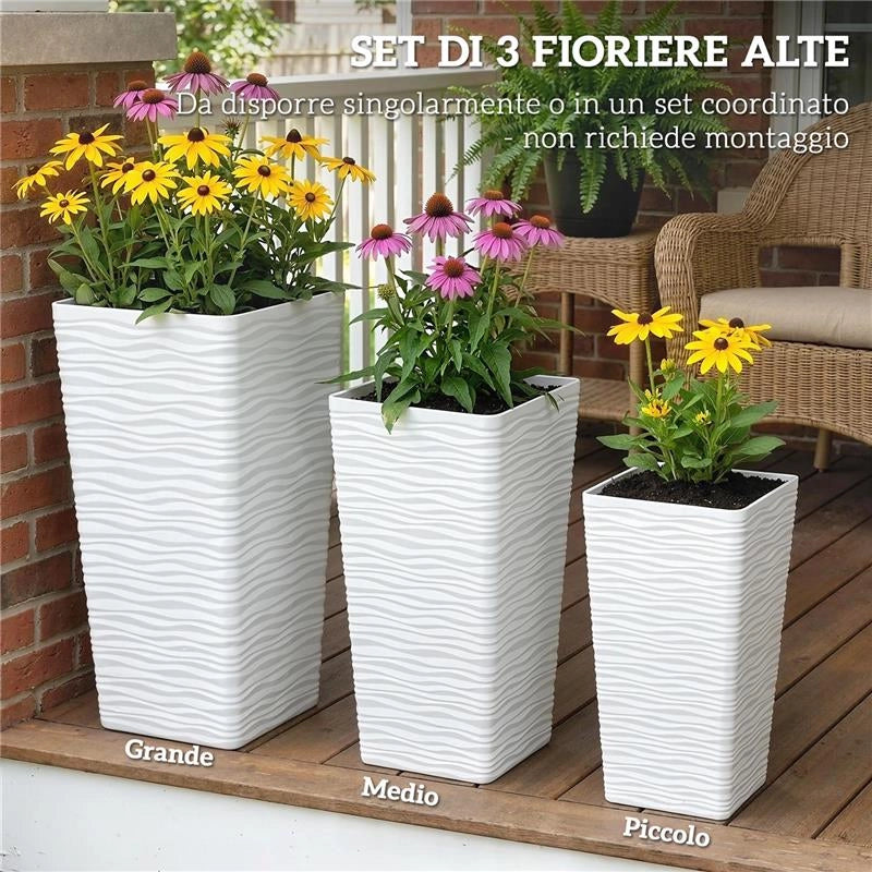 SET 3 VASI DA ESTERNO IMPILABILI CON MOTIVO ONDULATO IN PLASTICA, 42/55/65 CM, BIANCO