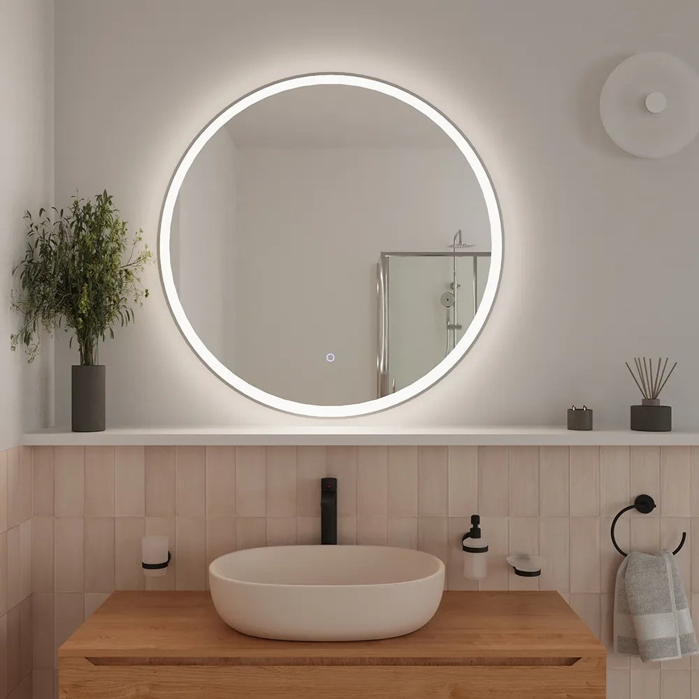 Specchio led tondo Ø 100 cm cornice bianco opaco touch screen luce calda/fredda