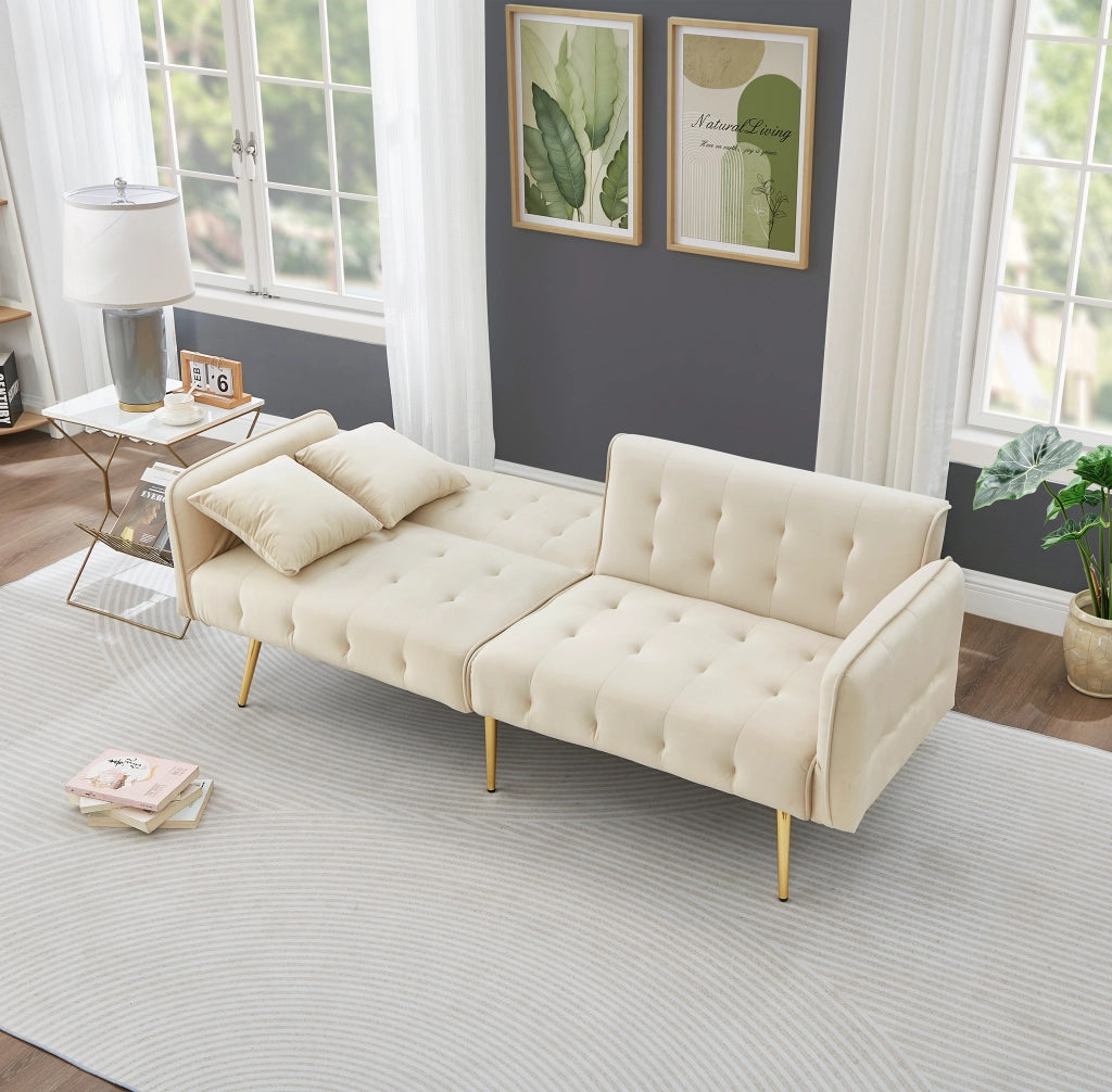 Divano Letto 2 Posti con Schienale Regolabile e Braccioli Multi-Posizione in Velluto Beige
