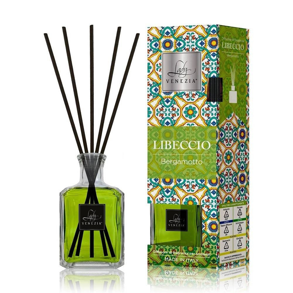 Trade Shop - Maxi Diffusore Ambiente Cubo Con Bastoncini Fragranza Libeccio Bergamotto 250 Ml -