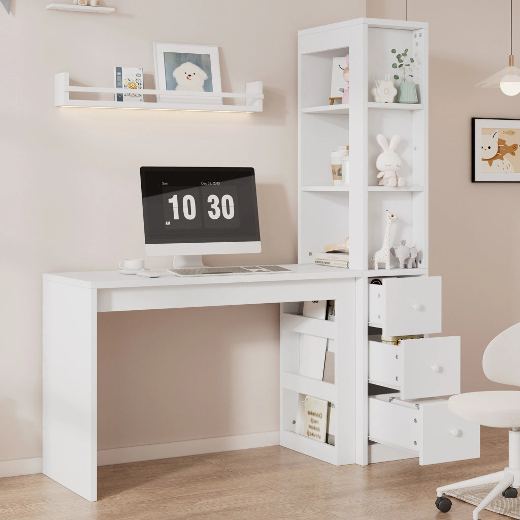 Scrivania lineare con libreria, 3 cassetti e mobile laterale, per studio e lavoro, bianco