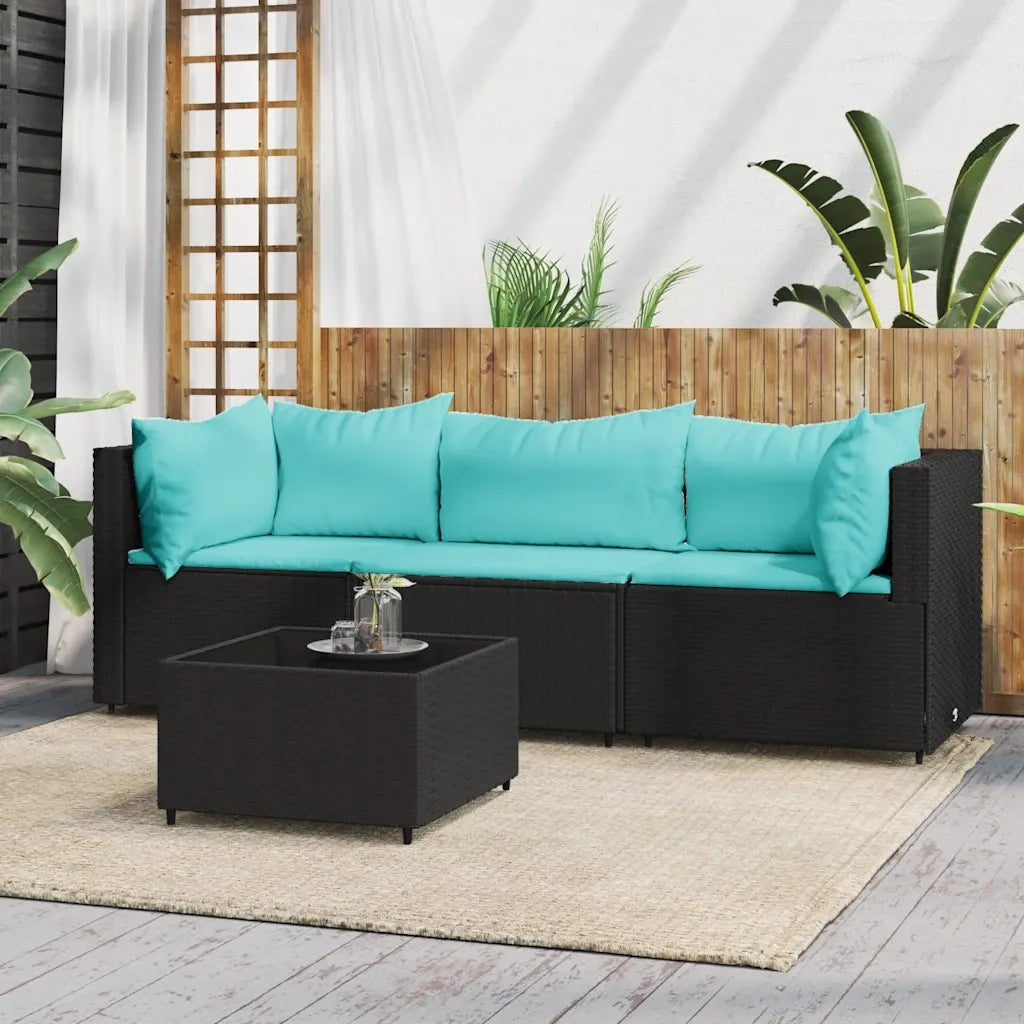 Set Divani da Giardino 4 pz | Set Salotto da Giardino con Cuscini Nero in Polyrattan