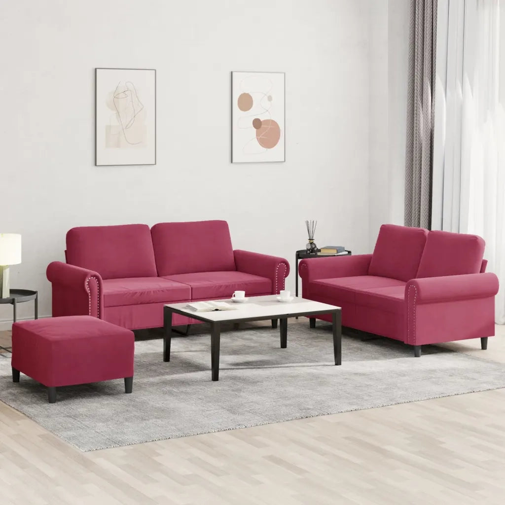 Set di Divani 3 pz con Cuscini Rosso Vino in Velluto 3202224