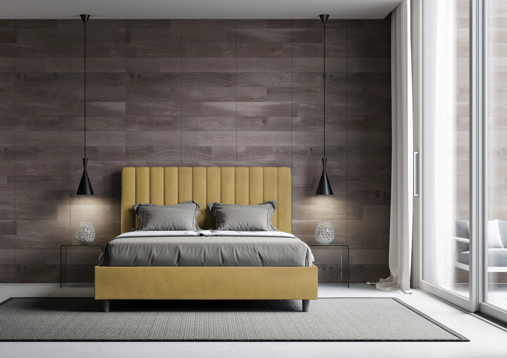 BS COM Letto una piazza e mezza con rete imbottito 130x200 microfibra ocra