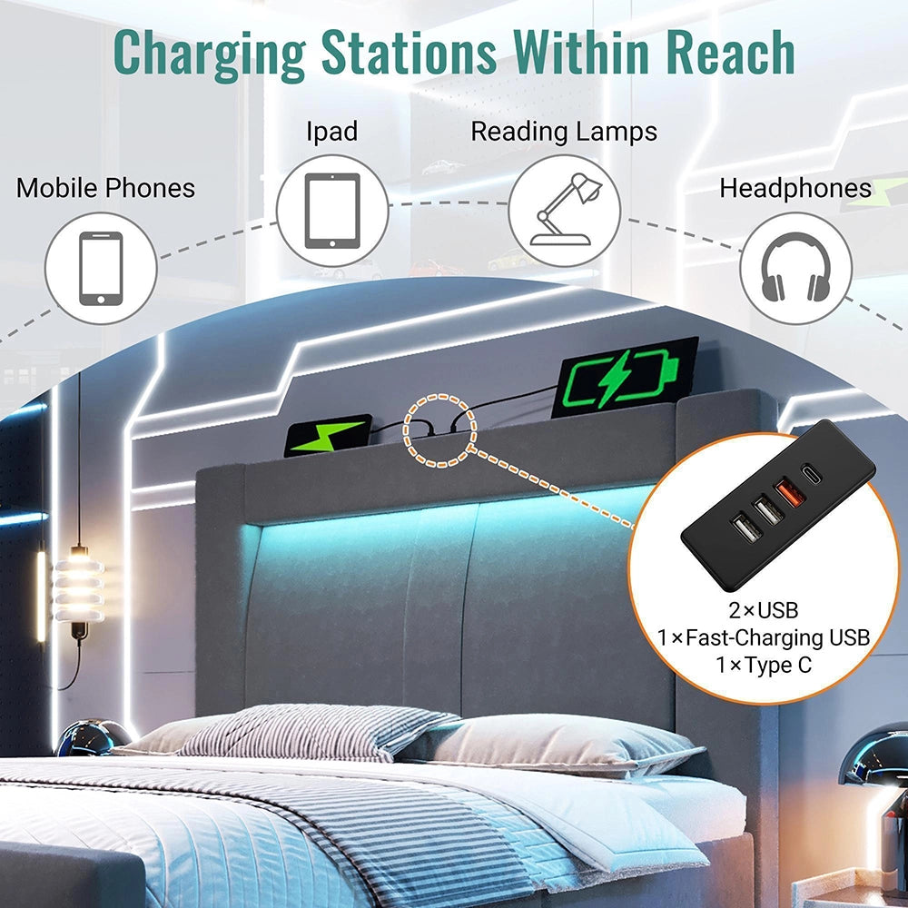 Letto-Xylo-90x200cm idraulico LED USB-C velluto testiera curva grigio