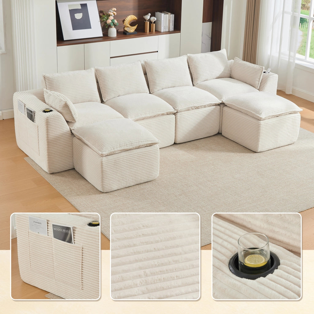 Divano Modulare 4 Posti con Poggiapiedi, Cuscini e Portabicchieri ¨C MINIMAL ¨C Beige, Tessuto a Coste