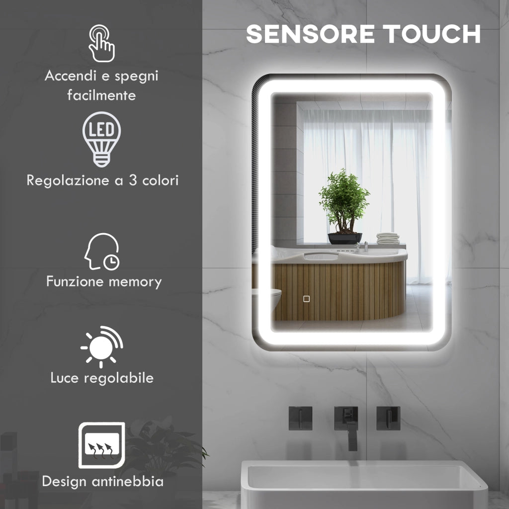 Specchio Bagno LED con Touch, Antiappannamento e 3 Temperature ¨C Xylo ¨C 70x50cm
