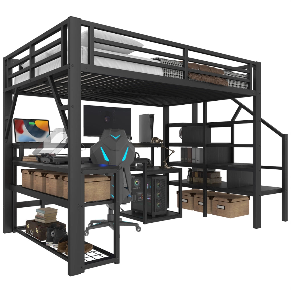 Letto a soppalco 140x200 cm in metallo e MDF; con scrivania; LED e USB; nero