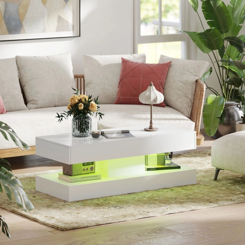 Tavolino basso con LED, 2 cassetti e vano aperto, finitura lucida, per soggiorno, in truciolato, bianco, 120 × 50 × 42 cm