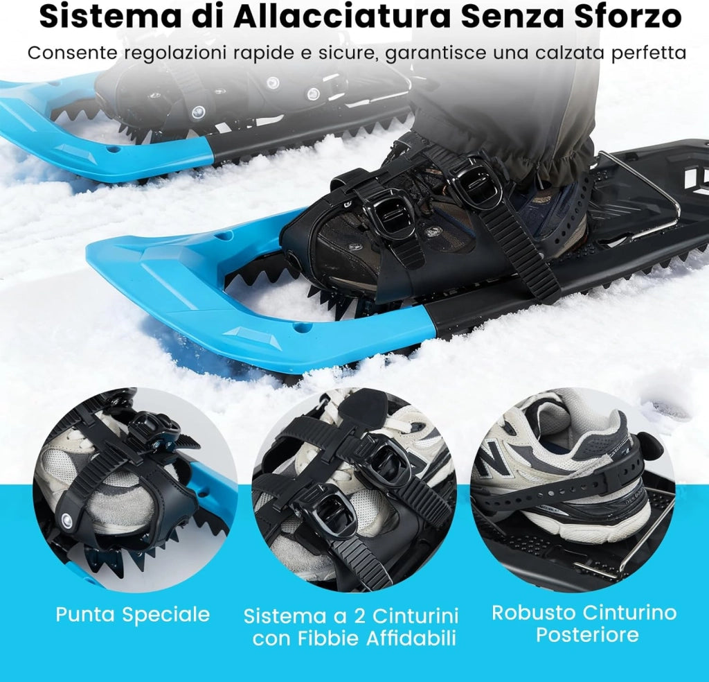 Set Racchette da Neve 35-45 per Uomo, Donna e Gioventù, Bastoncini da Trekking Telescopici 95-135 cm con Punte in Tungsteno, Dischi Neve e Dischi Fango, Ciaspole da Neve Leggere con Borsa