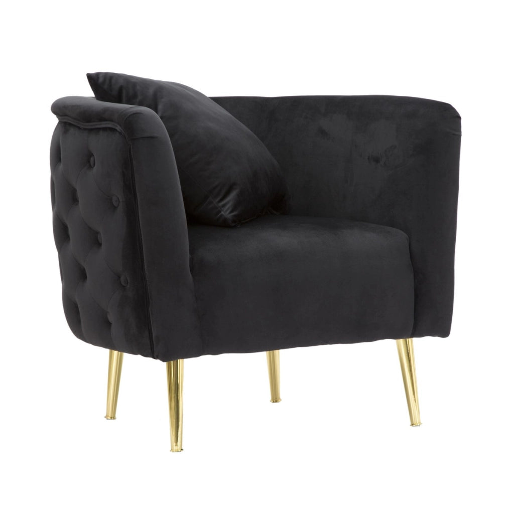 Poltrona Bucarest in velluto nero con braccioli capitonne e gambe oro 76x74x71 cm