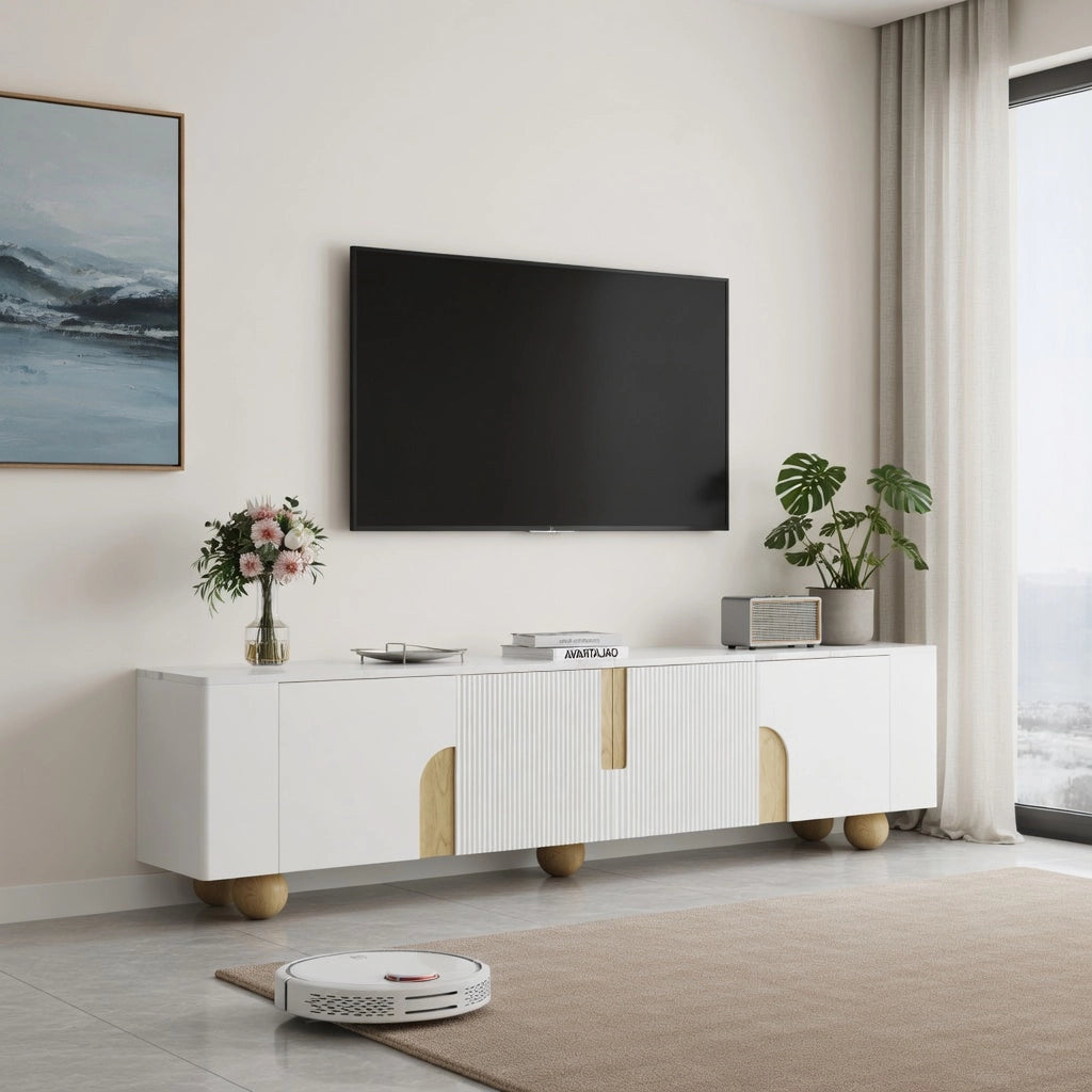 Cassettiera per TV bianca e legno; MDF e truciolare; lunghezza 180 cm