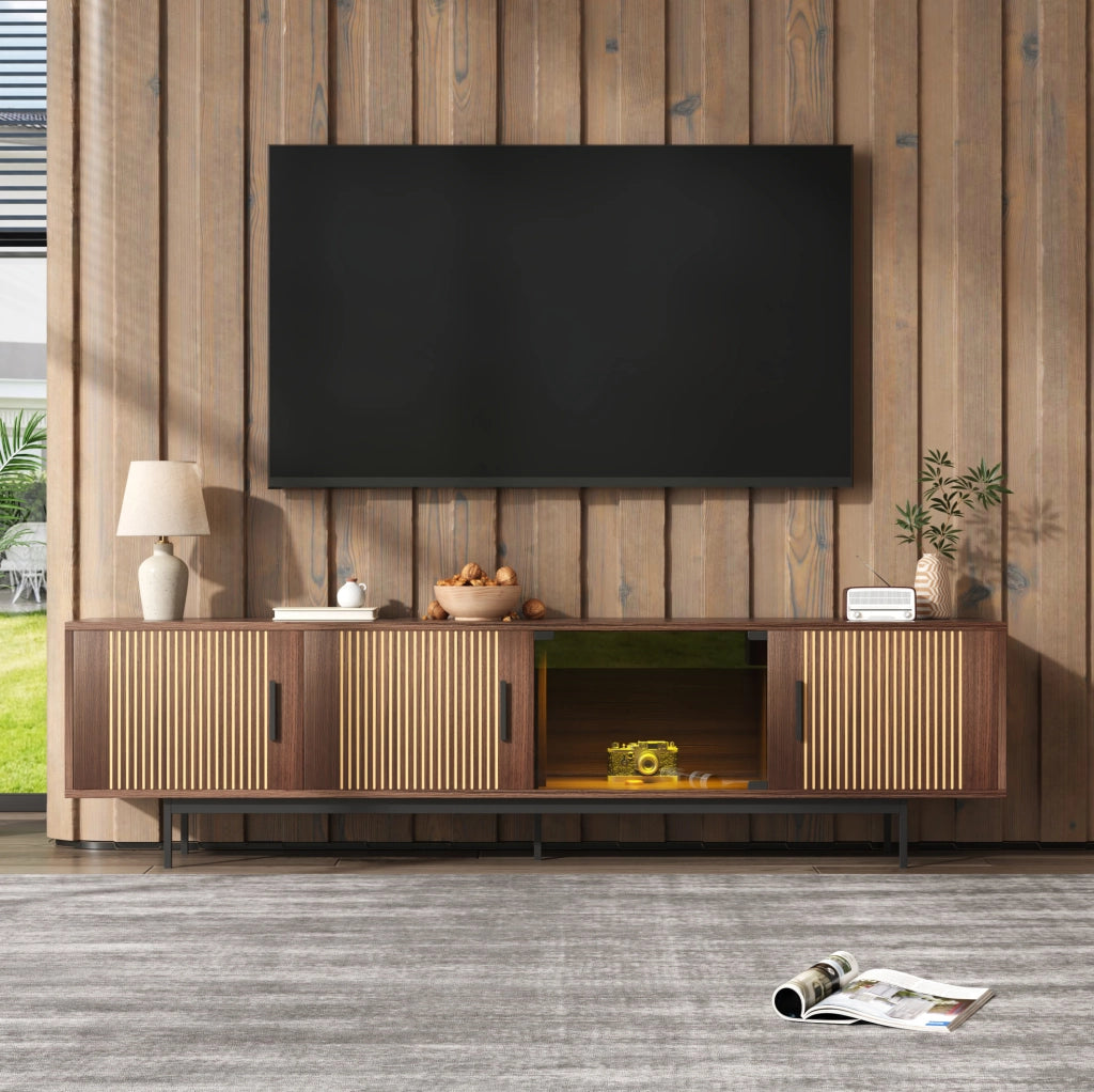 Mobile TV moderno 200x35x53 cm con striscia LED Bluetooth; nero e noce