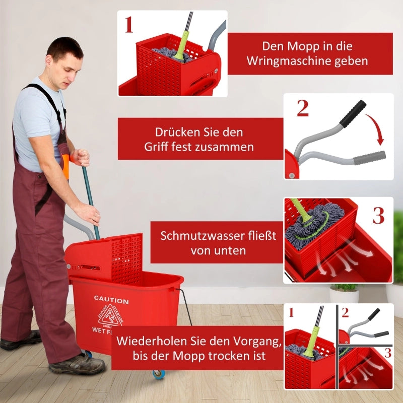 Secchio per mocio da 20 litri con strizzatore e manico, secchio per mocio su ruote, in plastica, rosso