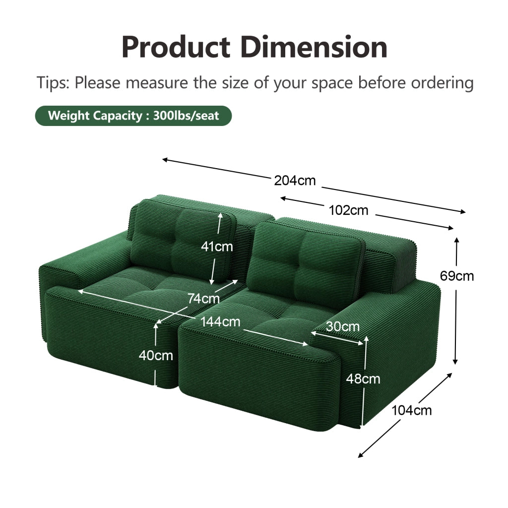 Divano Modulare Boneless ¨C Xylo ¨C Velluto a Coste, Verde, Loveseat