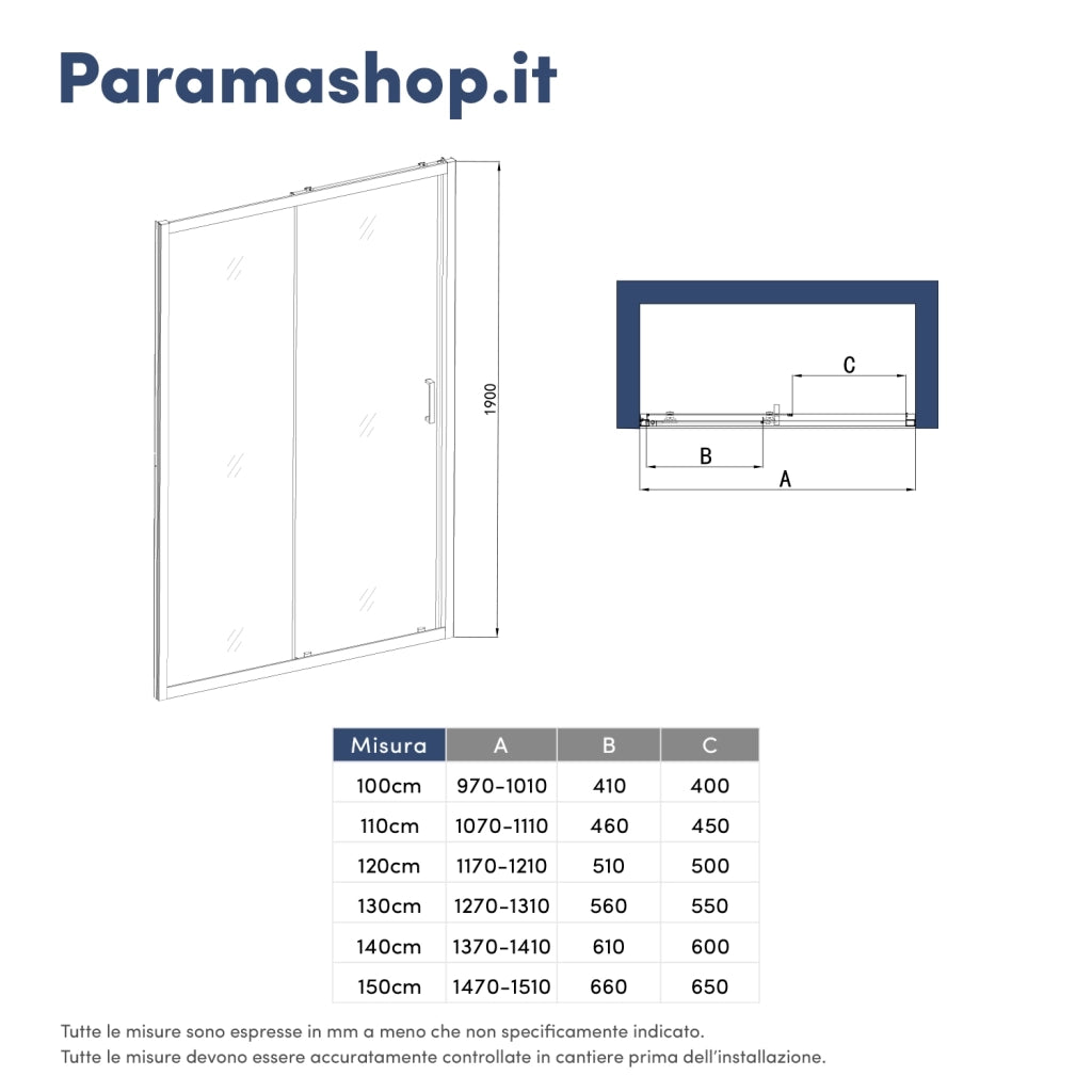 Porta doccia 100 cm scorrevole profili nero opaco vetro 6mm trasparente h190 | Sicily