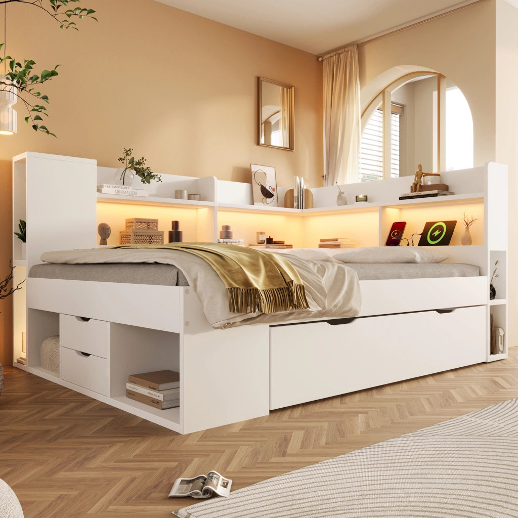 Letto divano 140 × 200 cm con LED, USB e Type-C, contenitore con cassetti, materasso incluso, bianco