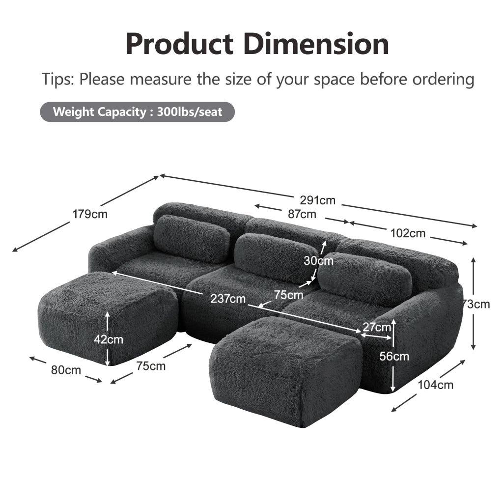 Divano Modulare a U con Pouf; Supporto Ergonomico e Base Antiscivolo; in Peluche; Grigio