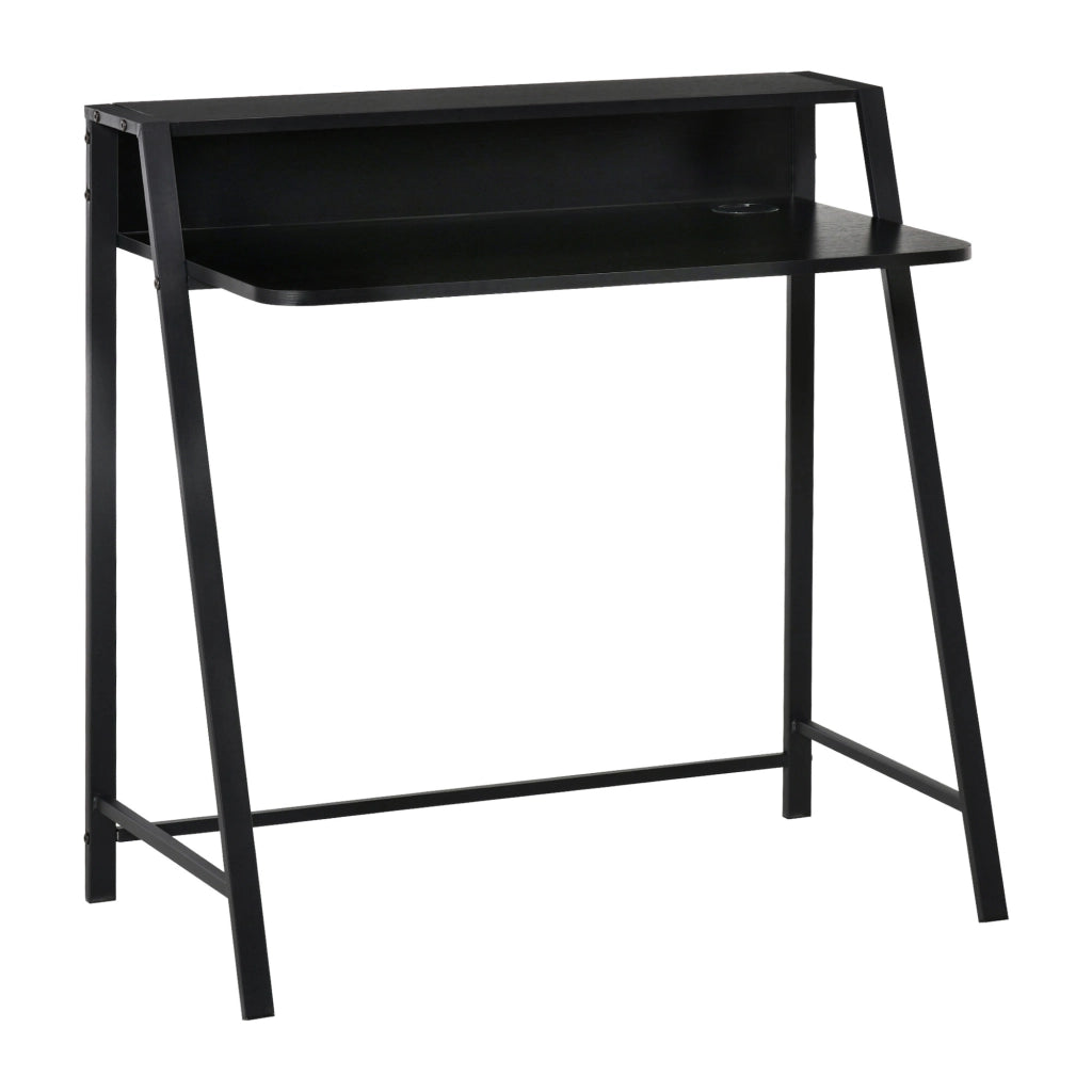 Scrivania lineare con ripiano e passacavi; struttura in MDF e metallo nero; per ufficio e studio; 84×45×85 cm