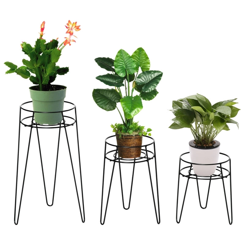 Set di 3 supporti per piante in metallo, adatti a vasi fino a ?16 cm, eleganti sgabelli per fiori neri.