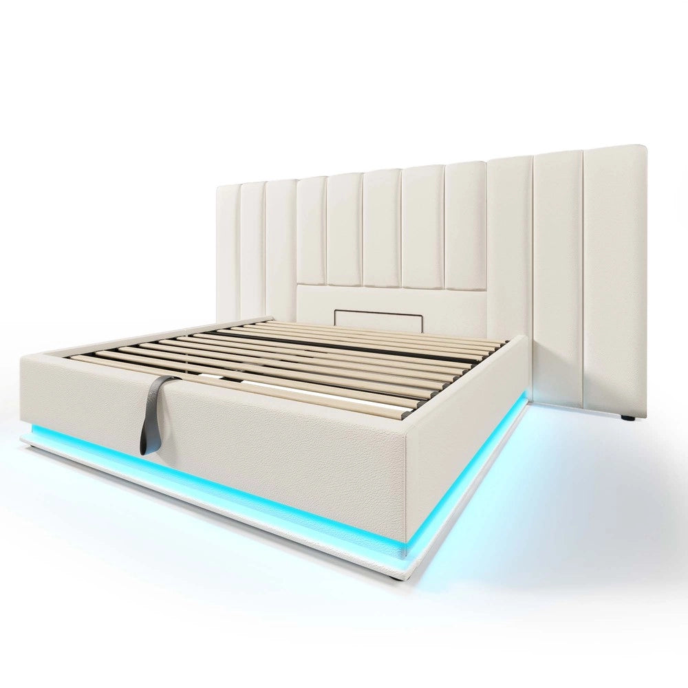 Letto Imbottito Contenitore Matrimoniale con LED e USB ¨C MINIMAL ¨C PU Bianco 180x200