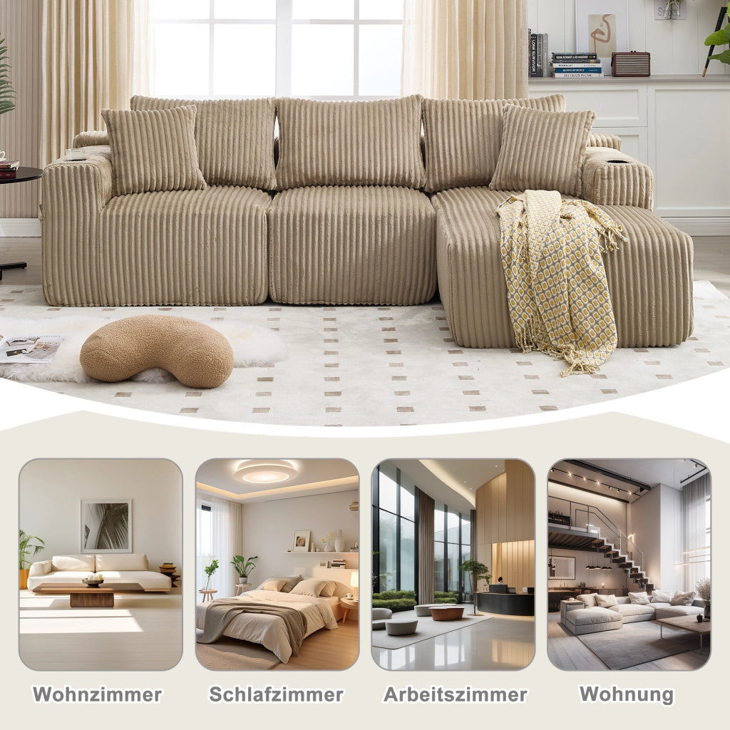 Canapé modulare con chaise longue e 2 posti con tasche laterali portabicchieri e 5 cuscini in velluto khaki