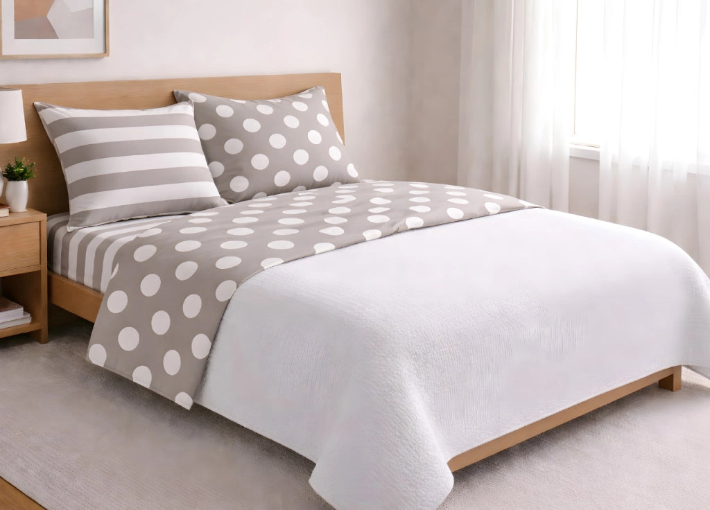 Completo Lenzuola Letto In 100% Cotone Made Italy Disegno Pois - Singolo - Beige