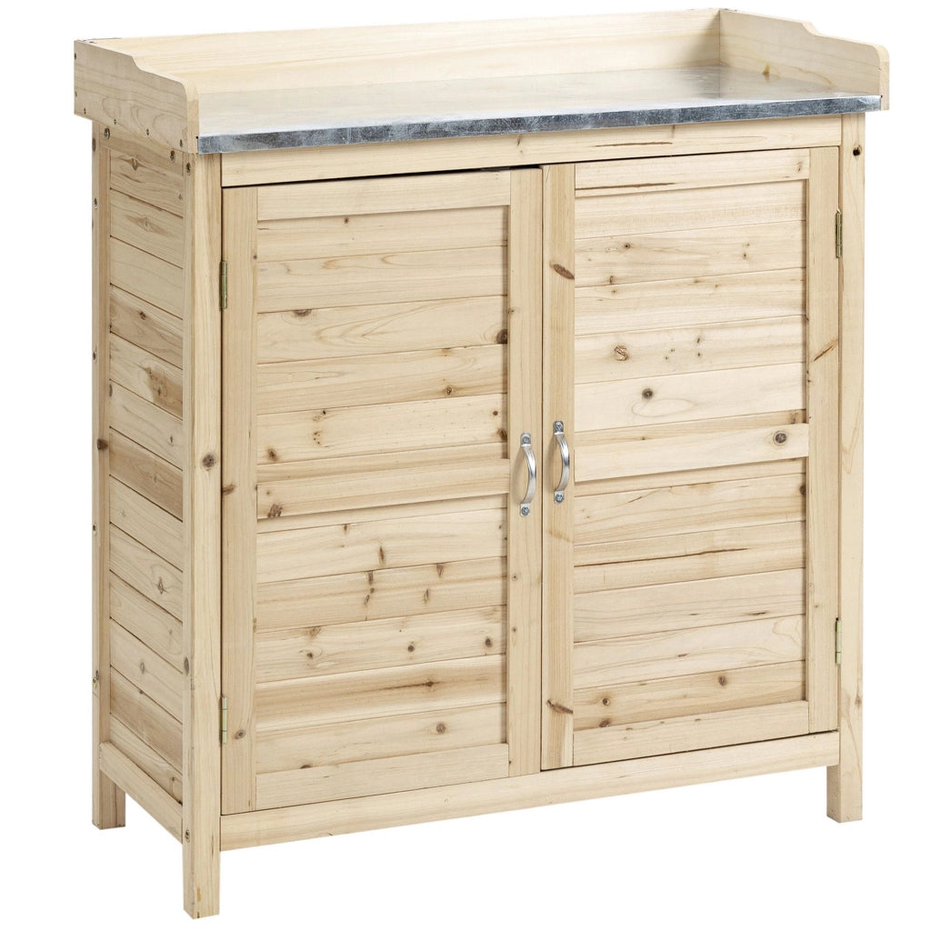 Mobile da giardino con 2 scomparti e piano di lavoro in metallo ¨C Xylo ¨C legno naturale 83x40x92 cm