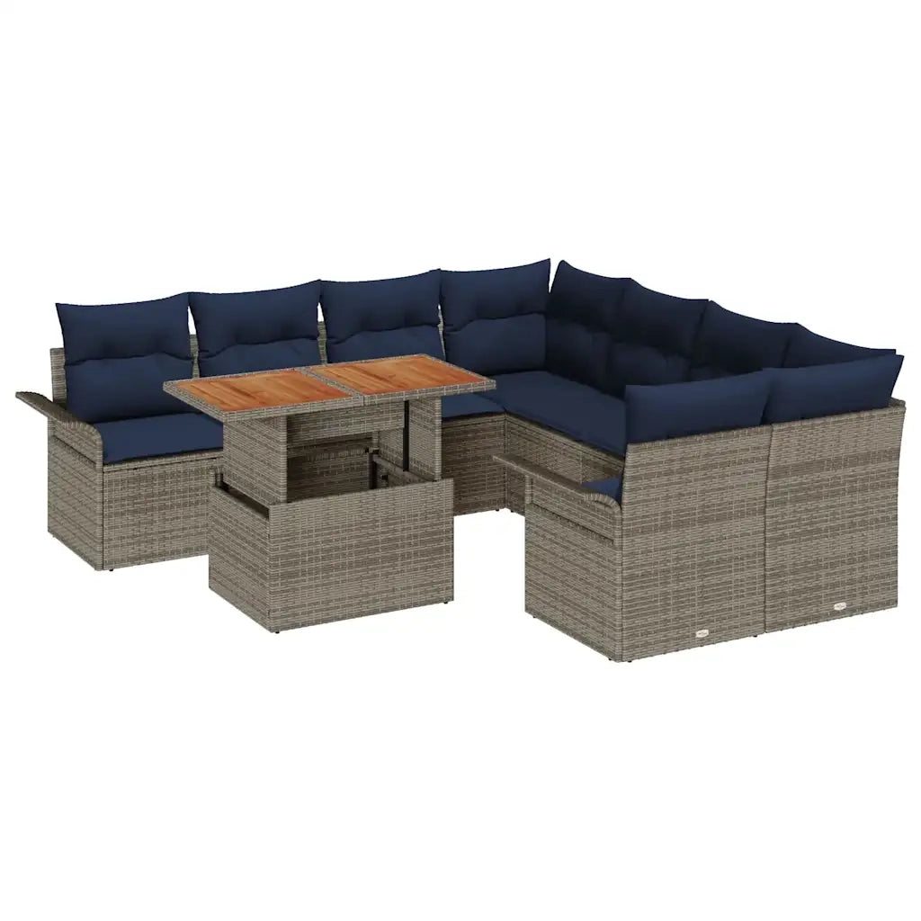 Set Divano da Giardino 9 pcs Grigio e Blu Navy polyrattan 3349317