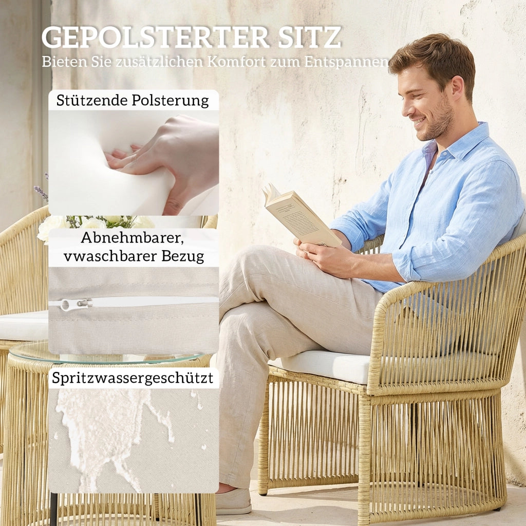 Set Bistrot Rattan 3 Pezzi con Tavolo Tondo Vetro e Cuscini ¨C zephmum ¨C Cremewei?