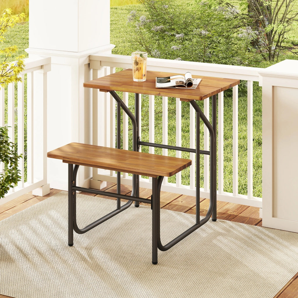 Set tavolo panca patio picnic seduta laterale legno acacia gambe metallo, Set mobili pranzo esterno robusti balcone giardino piscina cortile