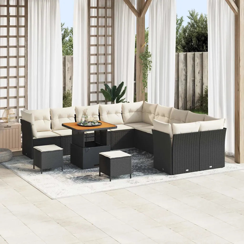 Set Divano da Giardino 13 pcs Nero e Crema polyrattan