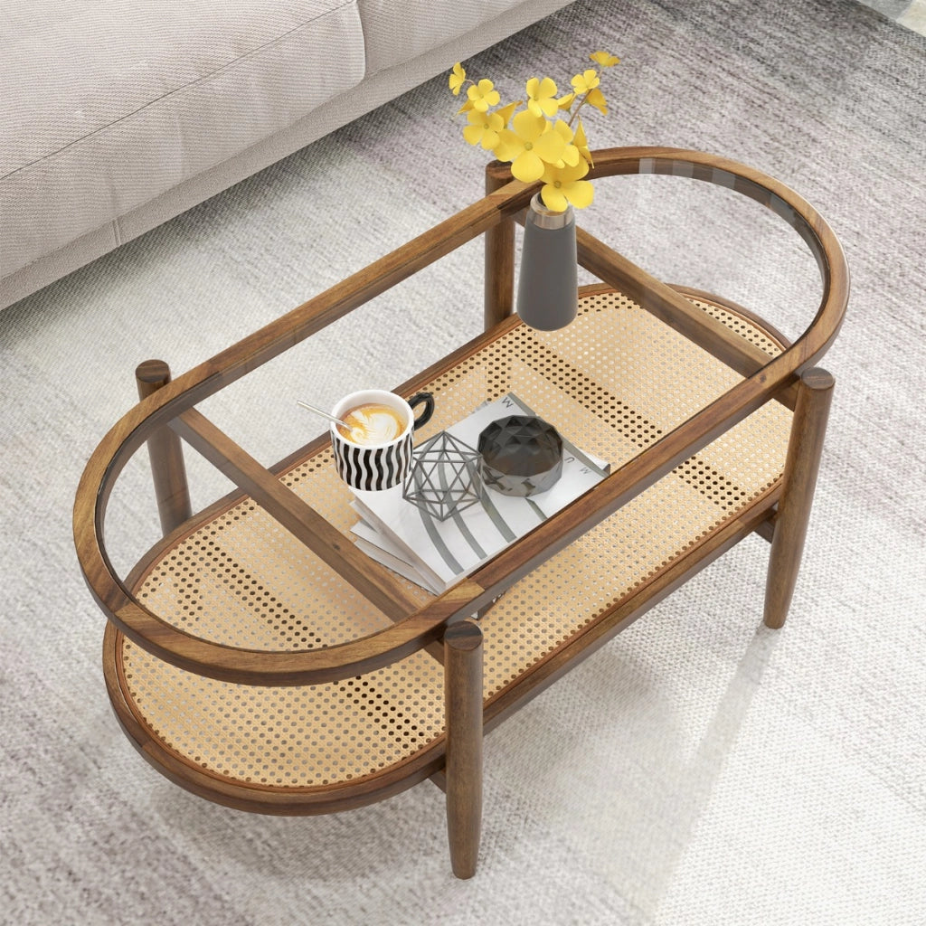 Tavolino da caff¨¨ a 2 piani cornice in legno d'acacia, Tavolo da salotto in rattan PE con piano in vetro Marrone-Tavolini da salotto