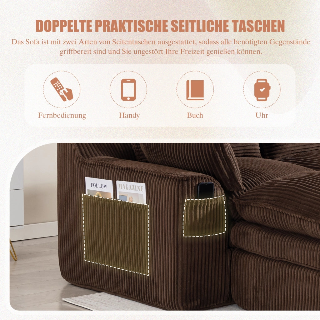 Divano modulare 4 posti con tasche laterali e cuscini - in corduroy marrone