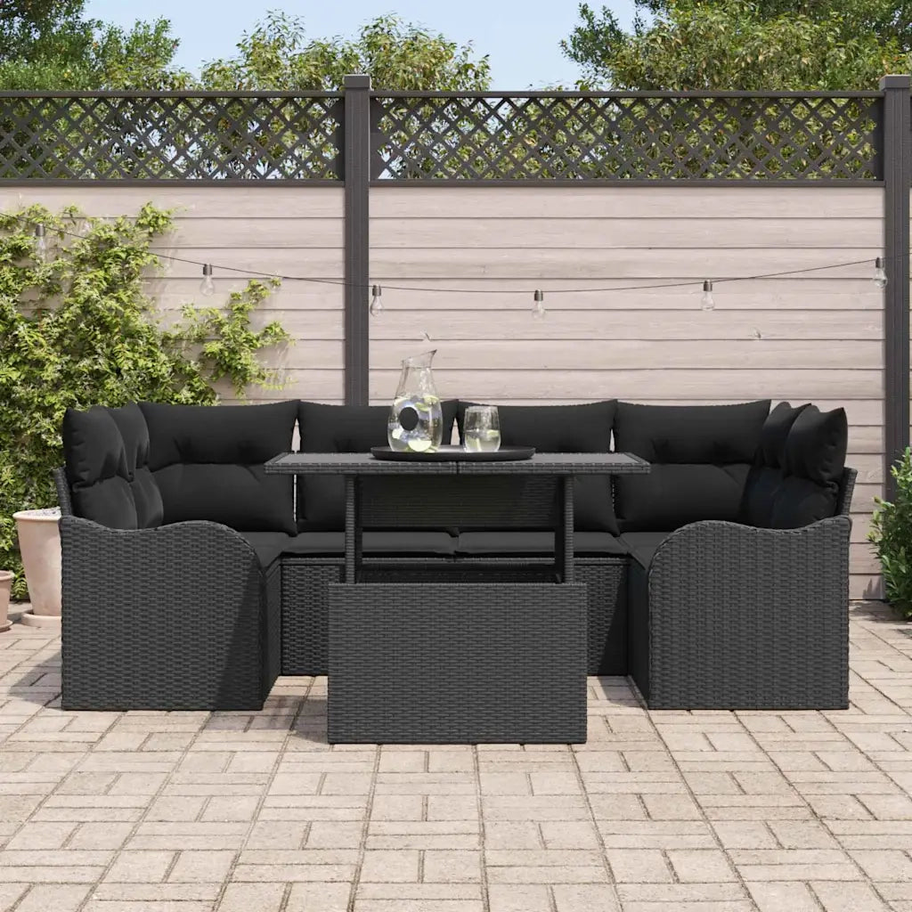 Set Divano da Giardino con cuscino 7 pcs Nero Poly Rattan