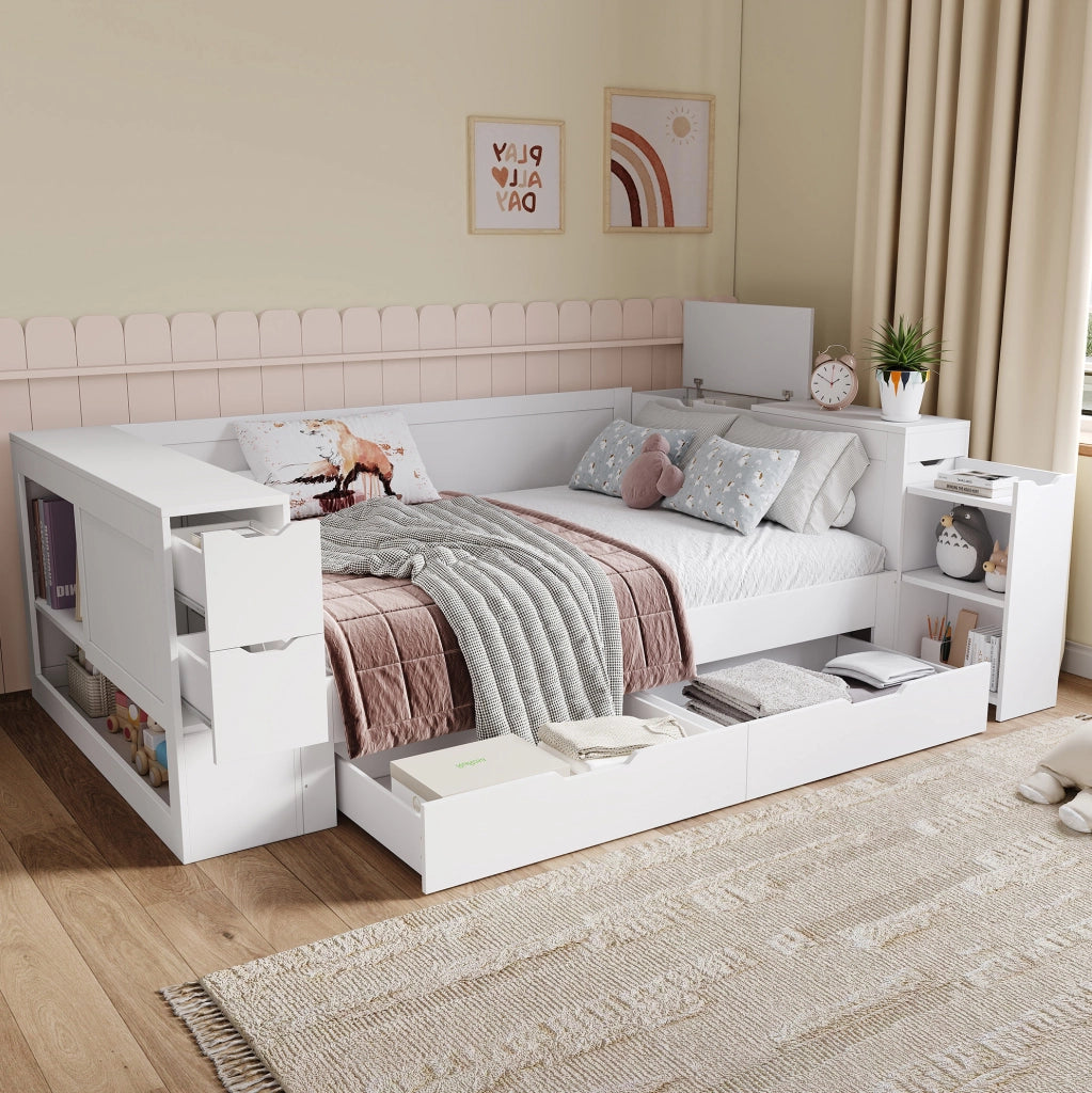 Letto per bambini multifunzione con cassetti e vano contenitore; MDF bianco
