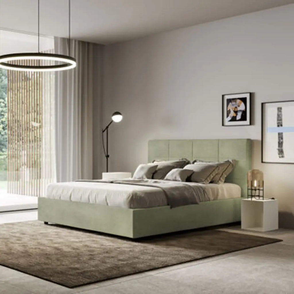 Letto matrimoniale francese contenitore imbottito 140x210 microfibra tè verde Mika