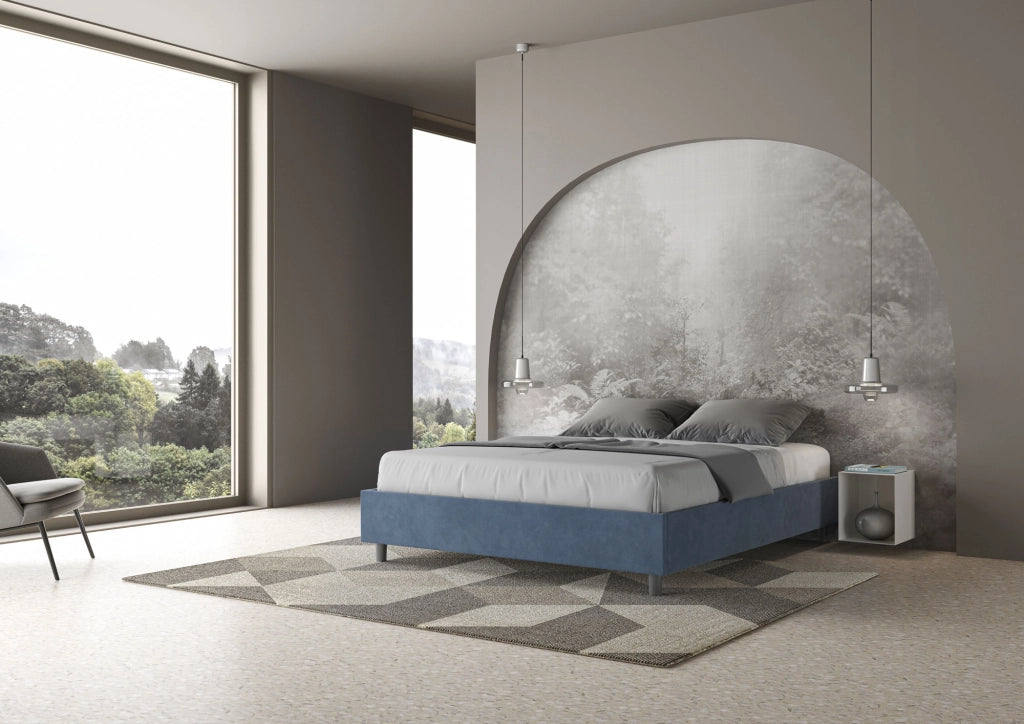 BS COM Letto matrimoniale king size con rete imbottito 170x190 microfibra blu