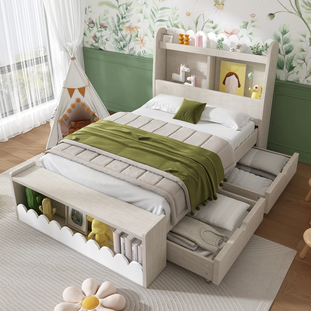 LETTO Singolo con cassetti e ripiani 90x190 cm Bianco e Rovere