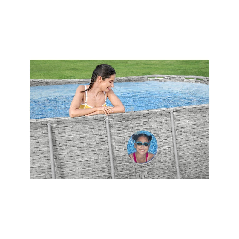 Piscina fuori terra ovale effetto rattan con oblò laterali, 427x250x100 cm con pompa filtro scaletta e copertura - Bestway